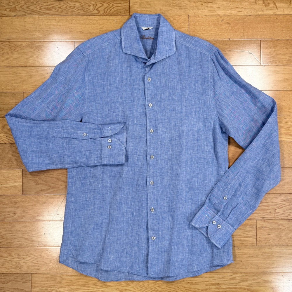 Stenstroms Slimline Blue 100% Linen Button Down Shirt Mens Large Long Sleeve